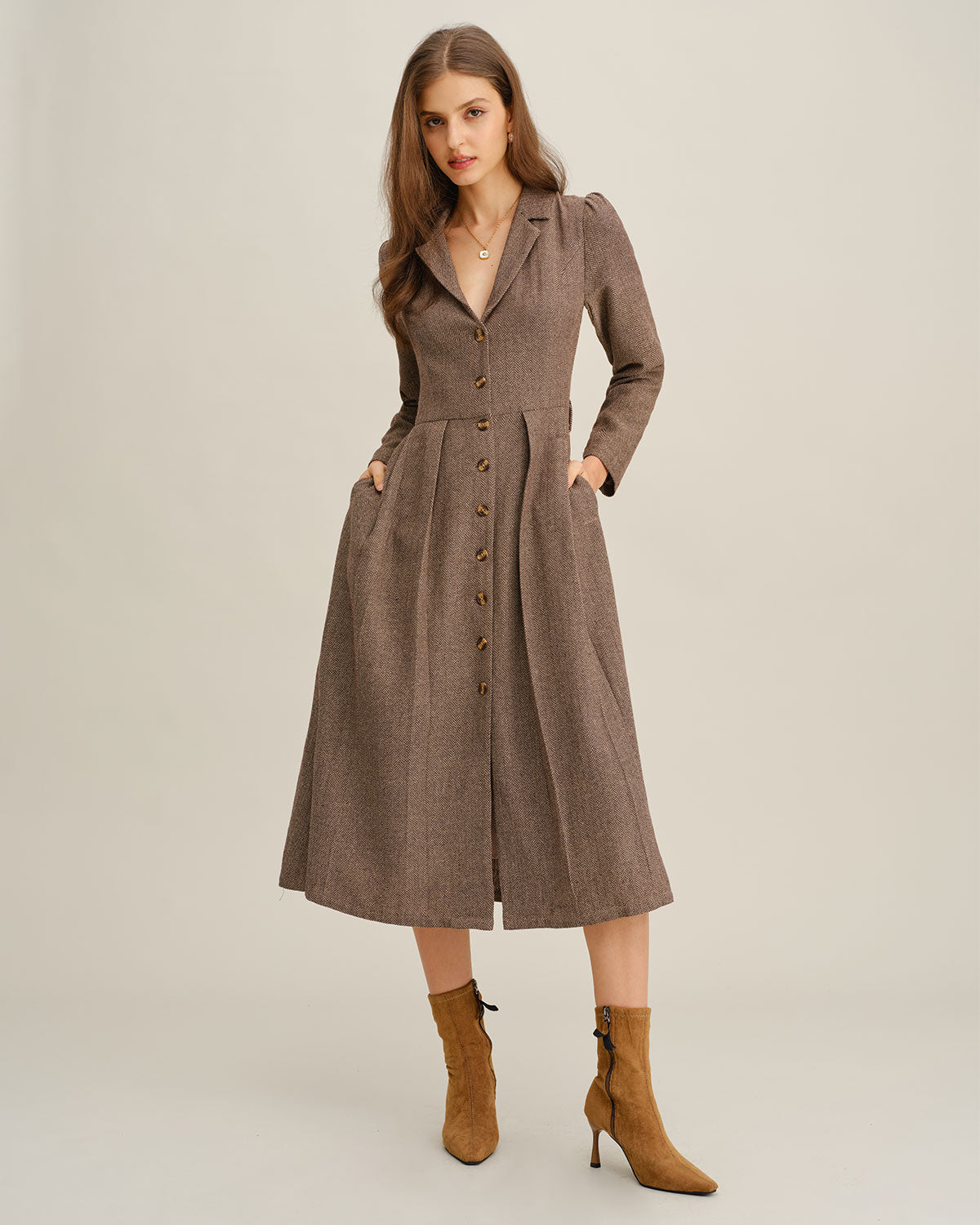 Robe midi plissée trapèze marron